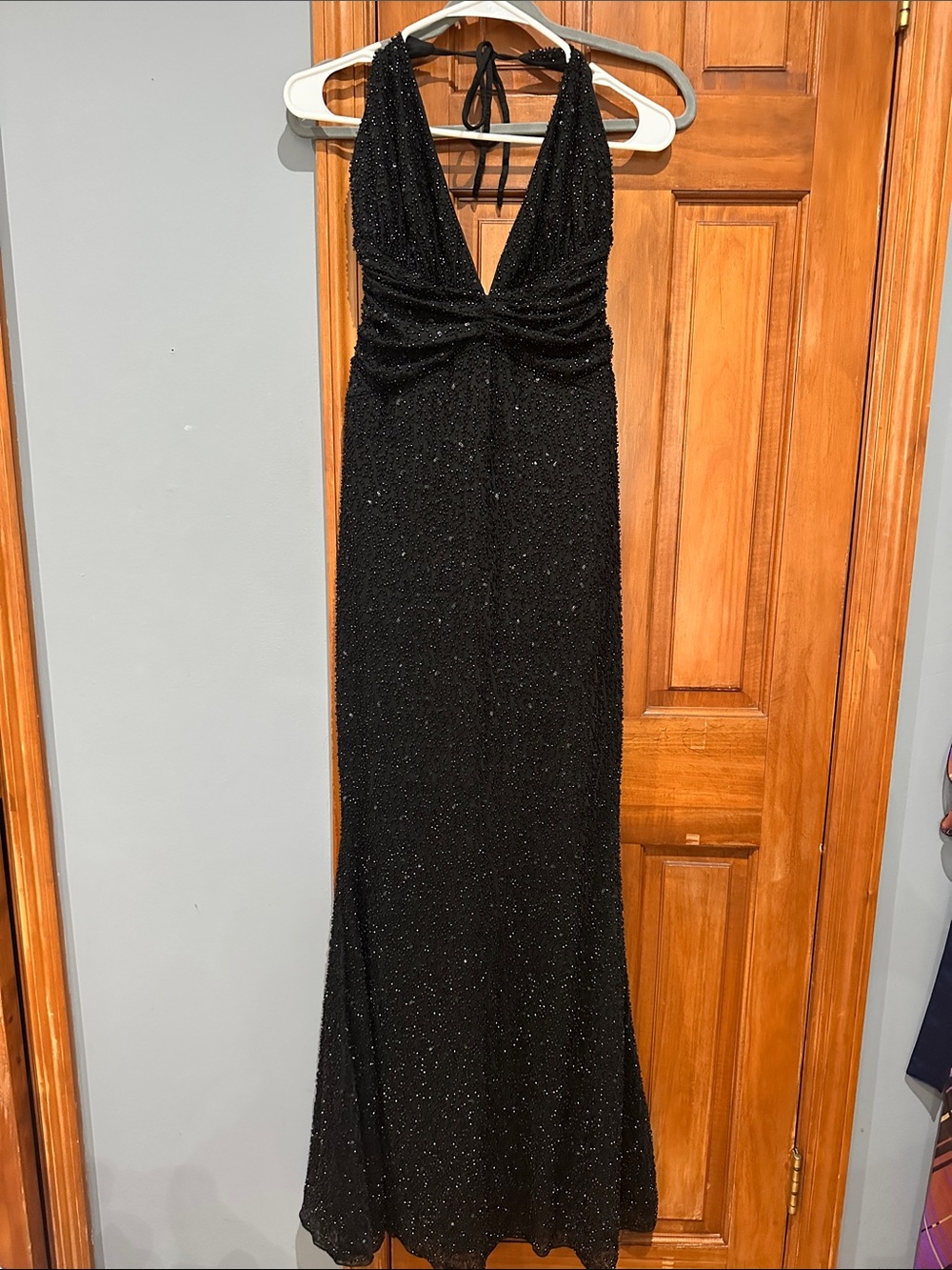 Oh Polly Black Sparkle Backless Halter Gown